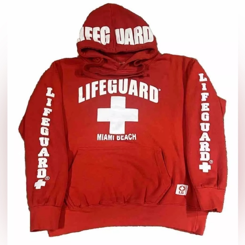 Lifeguard Licensed Hoodie Sweatshirt Mens Medium Red Miami Beach Spell Out Print